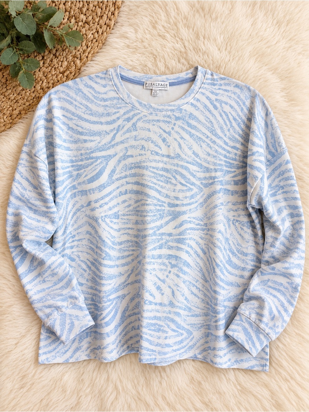 PJ Salvage Peachy Party Zebra Long Sleeve Top Ice Blue Small